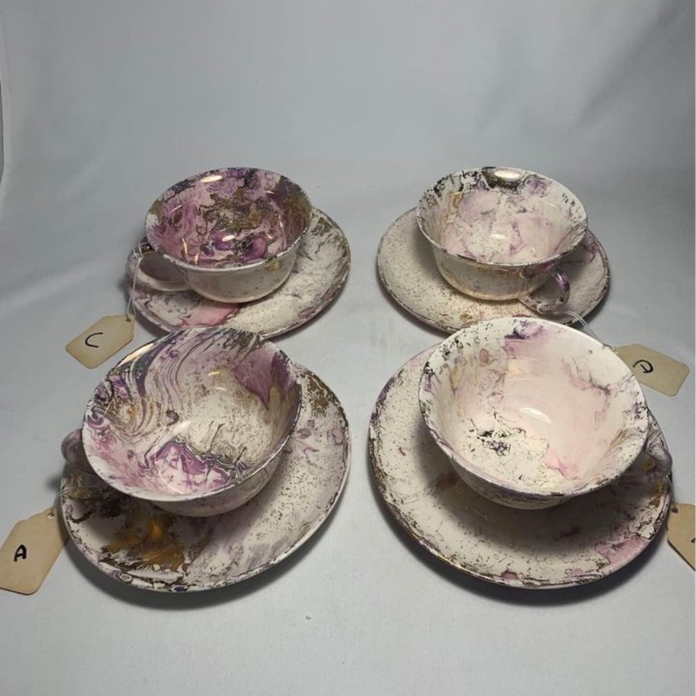 Set of 4 Sascha Brastoff Sacha Surf Ballet Pink Gold Teacup Tea Cup saucer Plate